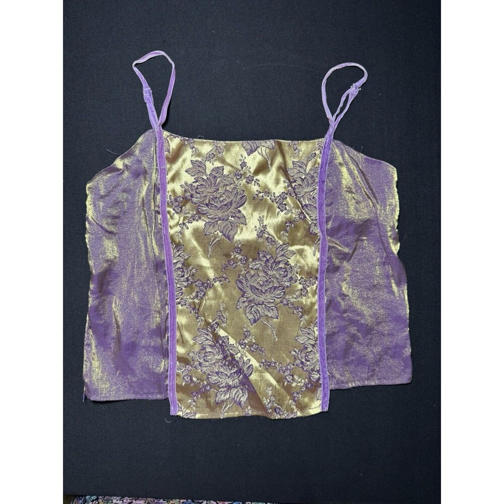 Vintage Amelia's Pajama Set Purple Gold Metallic Satin Floral Brocade Cami M/L - Picture 2 of 11